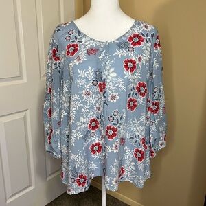 J. Jill Blue and Red Rayon Floral Tunic Blouse Button Front 3/4 Sleeve Petite L
